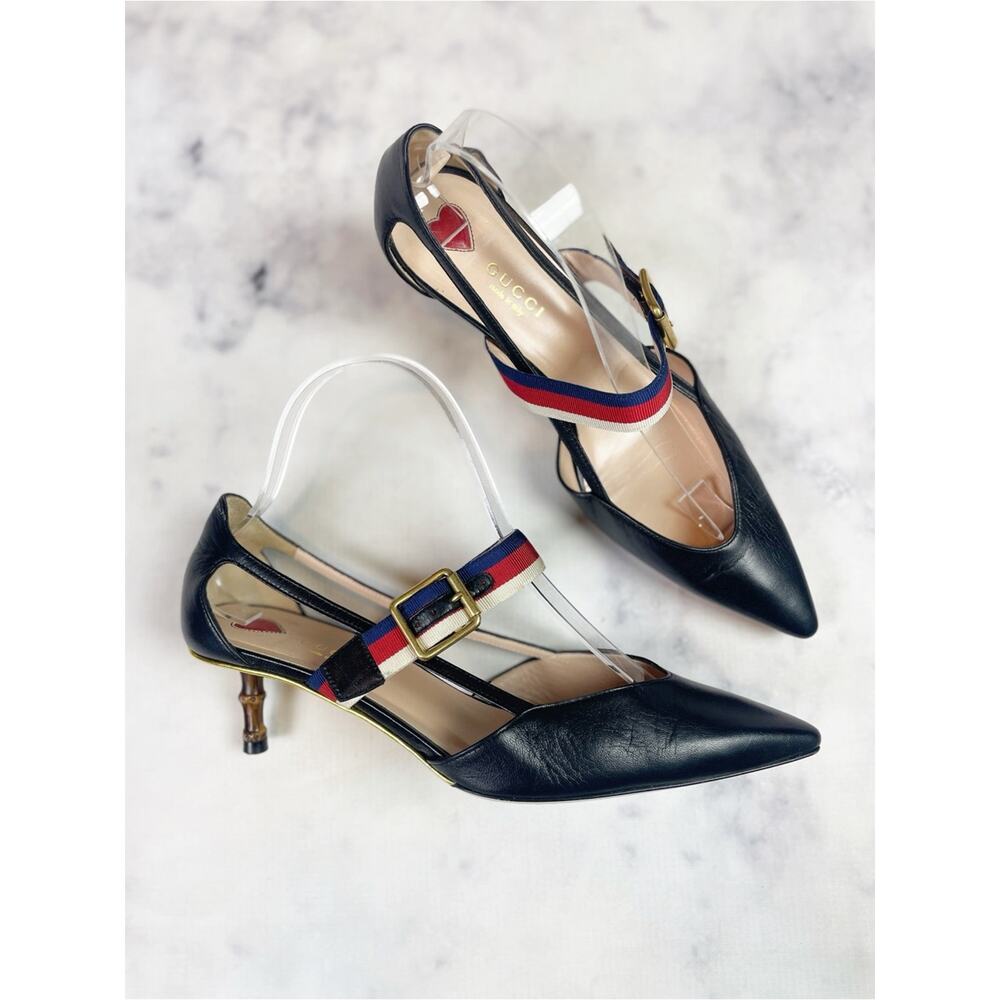 Gucci Unia Sylvie Web Strap Pumps Black Bamboo Kitten Heel 37.5 / 7.5 - Picture 2 of 11